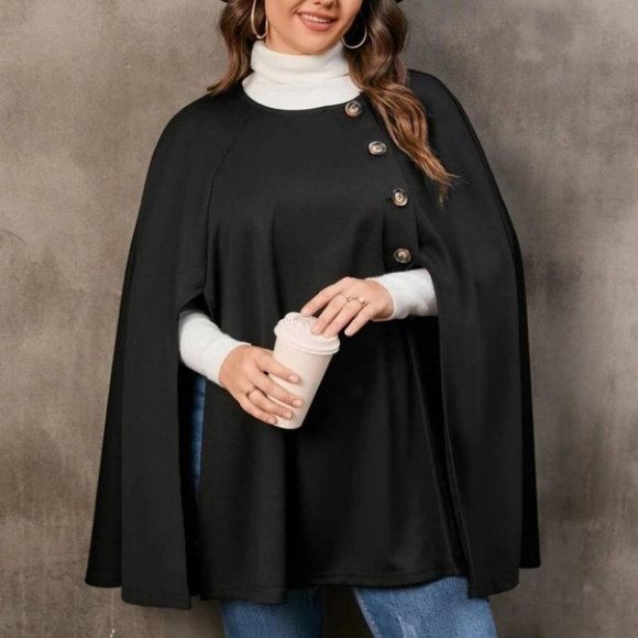. Jackets & Blazers - Plus Size Black Button Front Cloak Sleeve Coat Jacket cape
